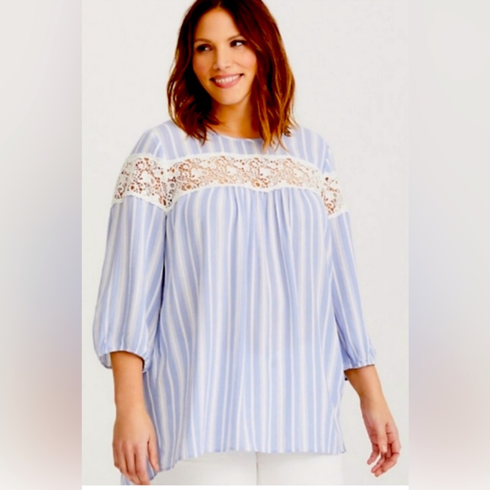 Torrid Blue White Striped Lace long sleeve Top Sz 1